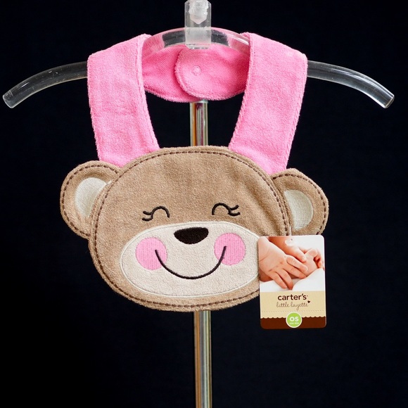 Carter's Other - NWT  NEWBORN + Up - Baby GIRLS - MONKEY BIB - Pink & BROWN TERRY - Carters (M5)